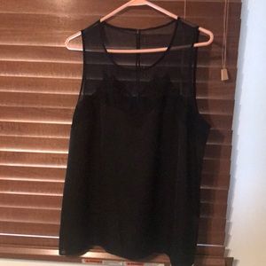 Black satin tank with black lace and mesh neckline